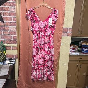 Indulge Pink V-Neck Flutter Sleeve Midi Dress